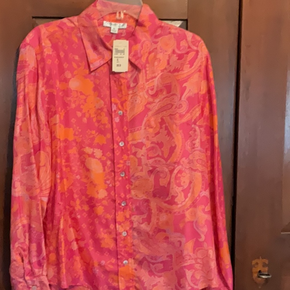 Coldwater Creek Pink and Orange Paisley Shirt 100% Silk